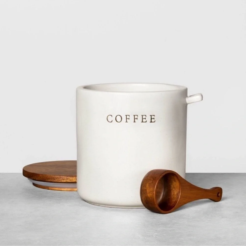 Hearth & Hand Ceramic Coffee Canister Crock w/ Wood Lid & Wooden Spoon